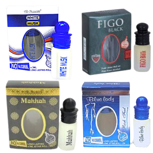 Al-Nuaim {white musk-figo black-makkah-blue lady} 3Ml Pack Of 4 Floral Attar