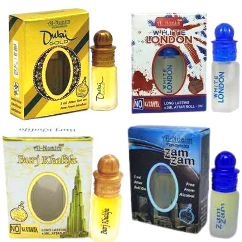 Al-Nuaim {Dubai Gold-white london-burj khalifa-zam zam} 3Ml Pack Of 4 Floral Attar