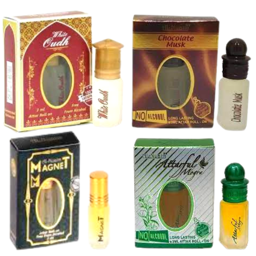 Al-Nuaim {white oud-chocolate musk-magnt-attar full mogra-} 3Ml Pack Of 4 Floral Attar