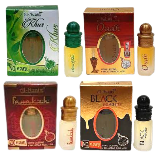 Al-Nuaim {khus-oud-fawakeh-black mischif} 3Ml Pack Of 4 Floral Attar