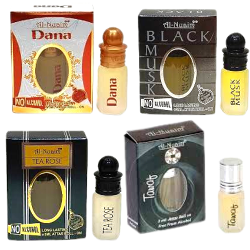 Al-Nuaim {dana-black musk-tea rose-tawaf} 3Ml Pack Of 4 Floral Attar